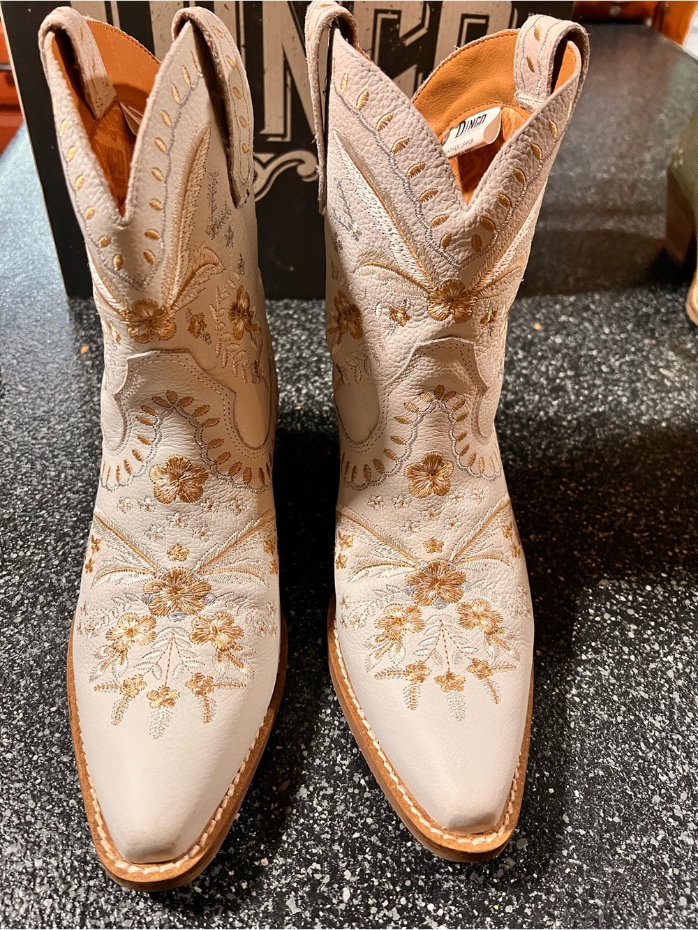 dingo Cream Ankle Boots with Gold Floral Embroidery